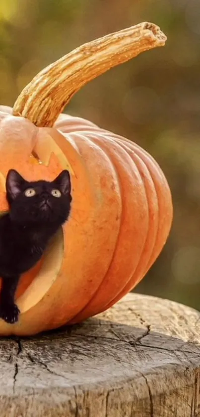 Black cat peeking out of a carved pumpkin on a wooden stump.