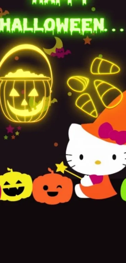 Hello Kitty Halloween wallpaper with pumpkins and neon lights.