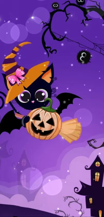 Cute Halloween cat with pumpkin in a spooky night.