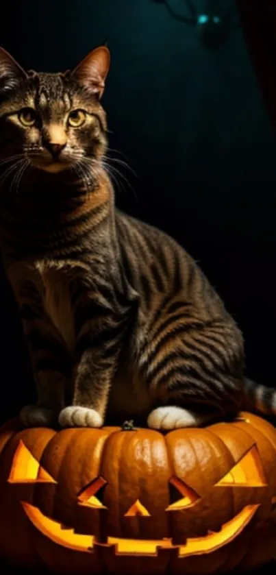 Striped cat sitting atop a jack-o'-lantern with a dark, spooky backdrop.