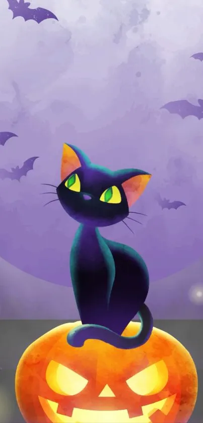 Black cat on a pumpkin with bats and full moon in Halloween-themed art.