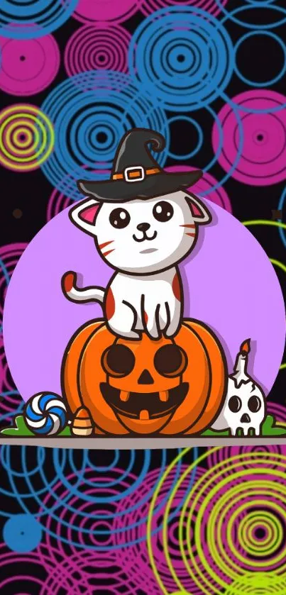 Cartoon cat in witch hat on pumpkin with colorful circle backdrop.