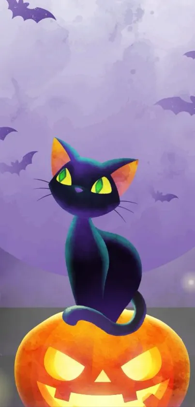 Charming Halloween wallpaper with a black cat atop a pumpkin under a purple moonlit sky.