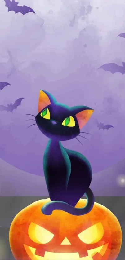 Black cat sitting on a jack-o'-lantern with bats in the purple night sky.