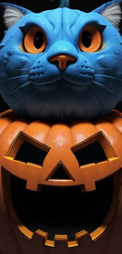 Blue cat atop a carved pumpkin, Halloween wallpaper.