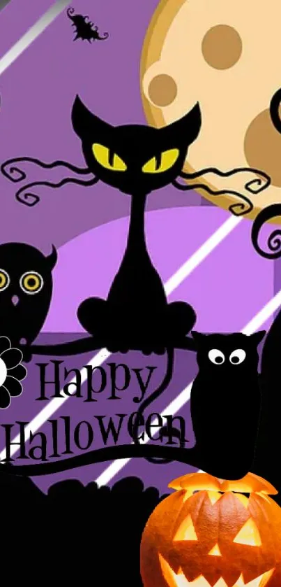 Halloween wallpaper with black cat, owl, moon, and pumpkin on a purple background.