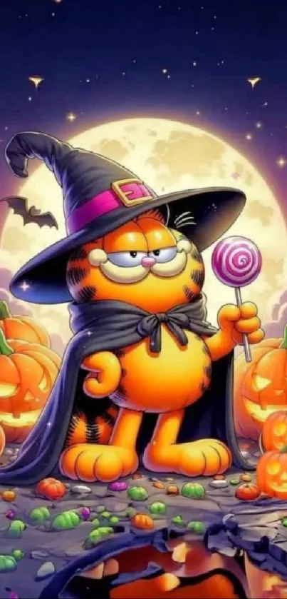 Cartoon cat in witch hat with pumpkins and candy, Halloween theme.