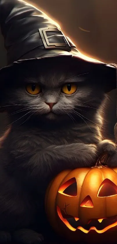 Cute cat in witch hat with glowing pumpkin, perfect Halloween vibe.