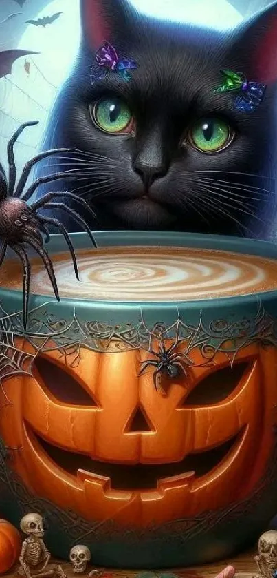 Black cat with green eyes and pumpkin cup in Halloween theme.