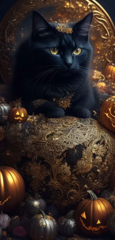 Black cat with pumpkins in a mystical Halloween setting.