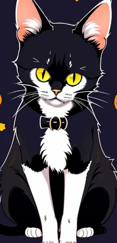 Halloween cat with pumpkins and stars on a dark background.