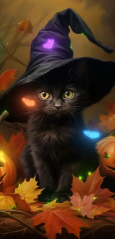 Black cat with witch hat among pumpkins and autumn leaves.