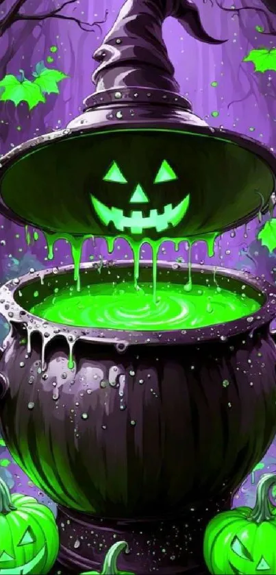 Vibrant Halloween wallpaper with a glowing green cauldron and pumpkins.