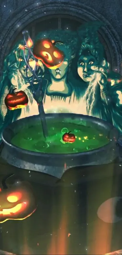 Magical Halloween cauldron with glowing pumpkins and spectral figures.