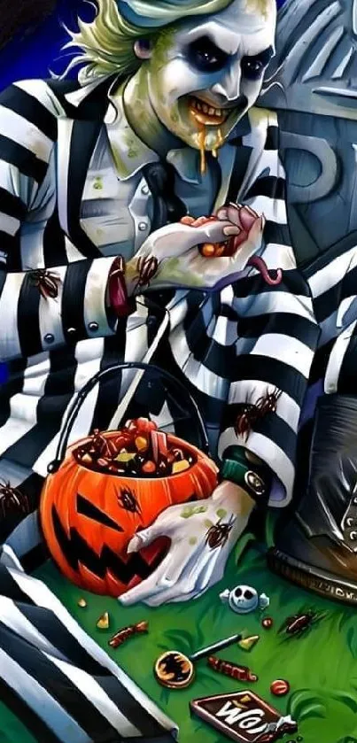 Spooky character with striped suit and pumpkin surrounded by candy.