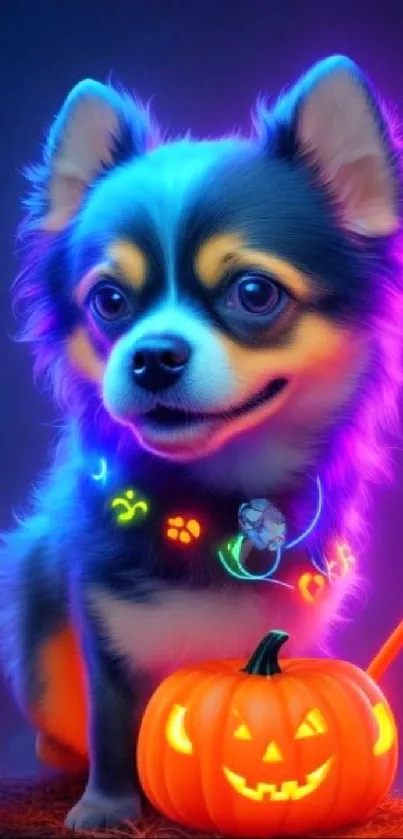 Cute cartoon dog with glowing pumpkins and neon lights.