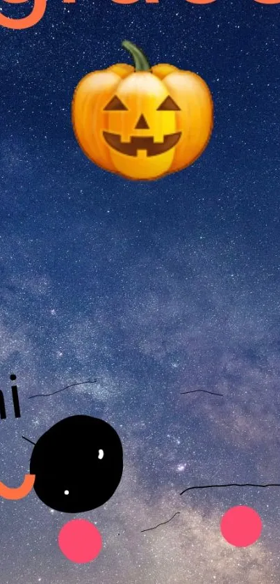 Halloween-themed wallpaper with pumpkin on starry night sky.