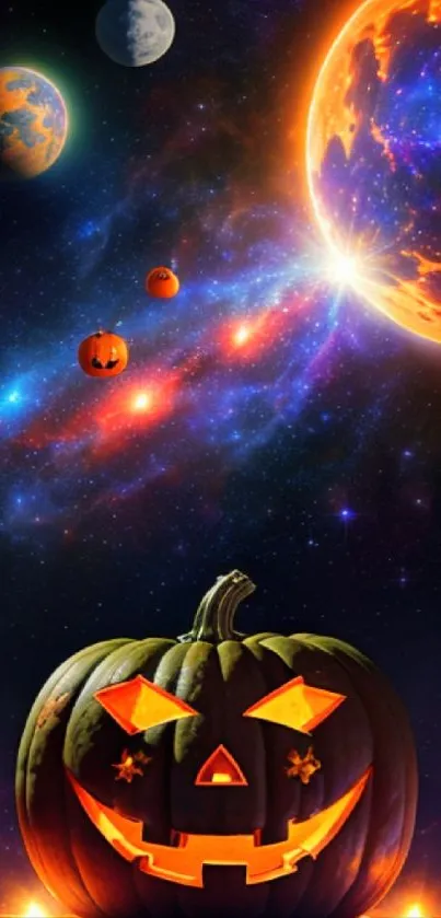 Halloween themed wallpaper with pumpkins and colorful planets.