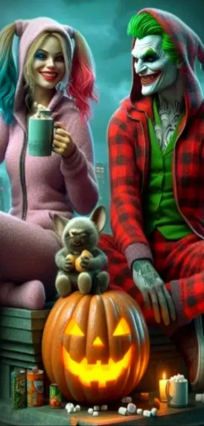 Festive Halloween characters with a glowing pumpkin and cozy vibes.
