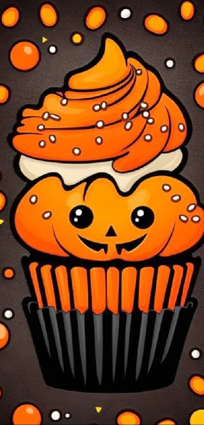 Halloween themed cupcake with pumpkin design and vibrant colors.