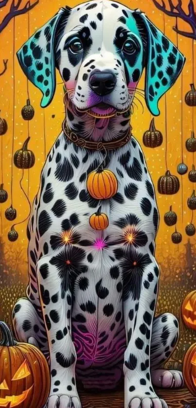 Dalmatian dog in a Halloween-themed backdrop with pumpkins and glowing lights.