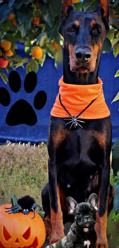 Doberman with pumpkin wearing orange scarf under tree.