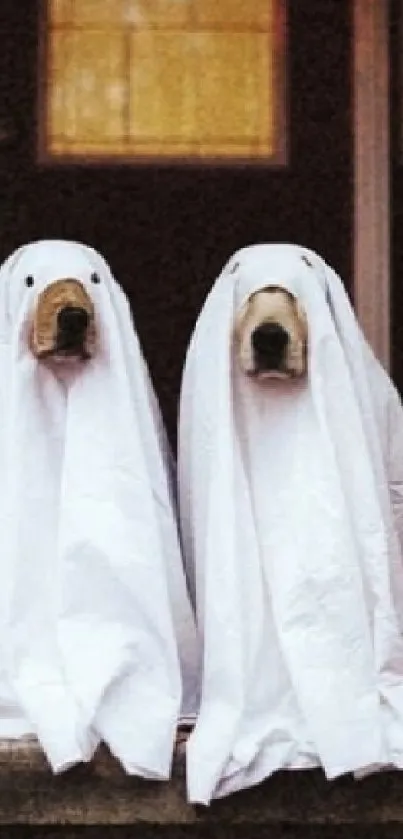 Two dogs dressed as ghosts with pumpkins on a porch, perfect for Halloween.