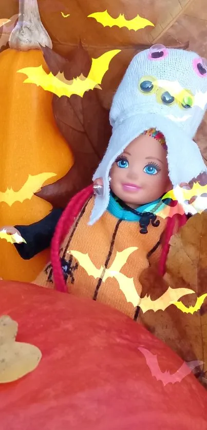 Doll in Halloween-themed attire with pumpkins and bats.