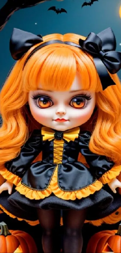 Gothic Halloween doll with pumpkins at night.