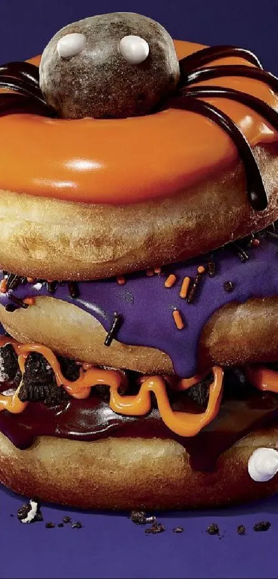 Stacked Halloween donuts with colorful icing and decorations on a purple background.