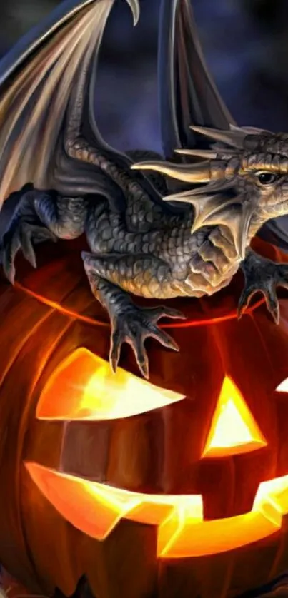 Mystical dragon sitting on a glowing jack-o'-lantern for Halloween wallpaper.