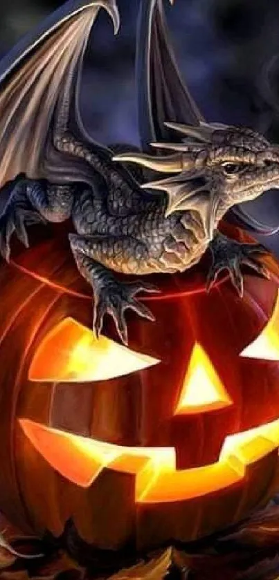 Dragon on a glowing carved pumpkin, Halloween art.