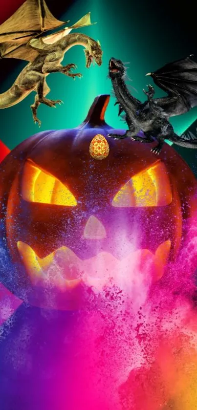 Halloween-themed wallpaper with dragons and a glowing pumpkin amid colorful smoke.