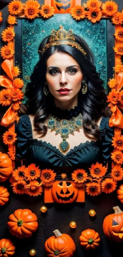 Elegant woman surrounded by pumpkins and flowers on a Halloween-themed wallpaper.