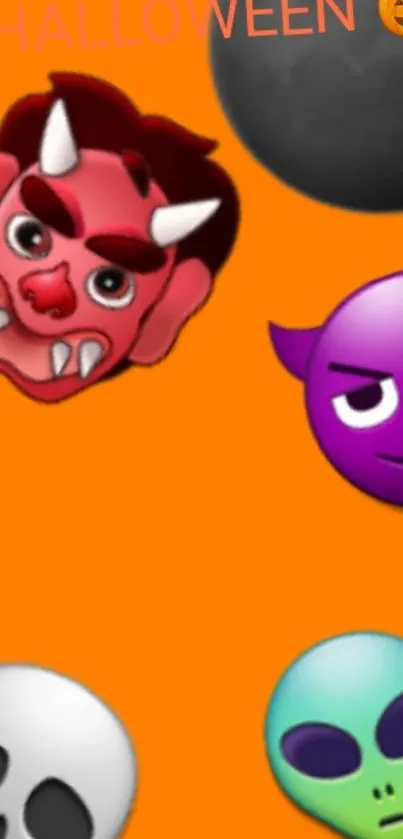 Colorful Halloween emoji wallpaper with devil, skull, and alien icons on orange.