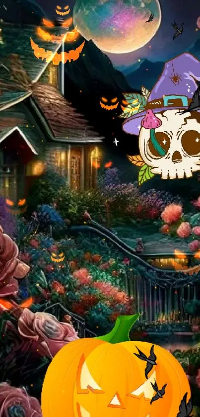 Colorful Halloween garden with pumpkins under a mystical moon.