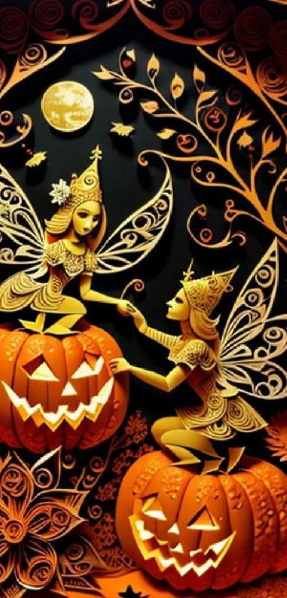 Halloween-themed wallpaper with fairies on pumpkins.