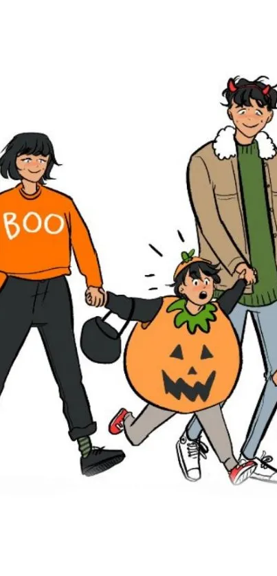 Halloween family illustration with festive costumes and a pumpkin theme.