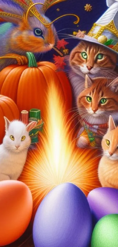 Colorful Halloween scene with animals and pumpkins.