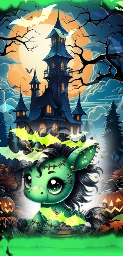 Fantasy wallpaper with green creature, haunted house, and pumpkins.