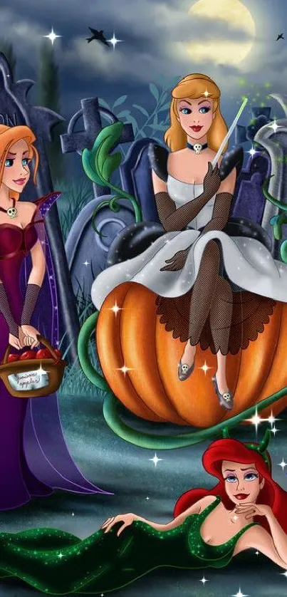 Fantasy princesses in Halloween costumes at night in a magical setting.