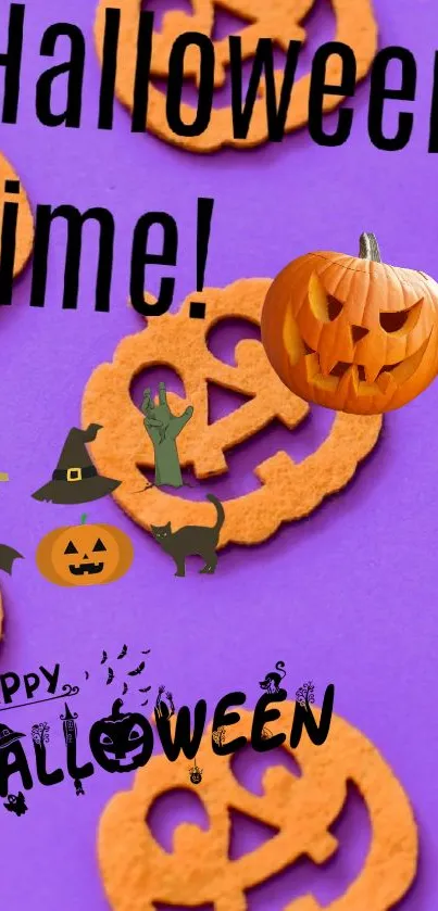 Purple Halloween wallpaper with pumpkins and witches.