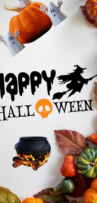 Festive Halloween wallpaper with pumpkins, ghosts, and a witch silhouette.