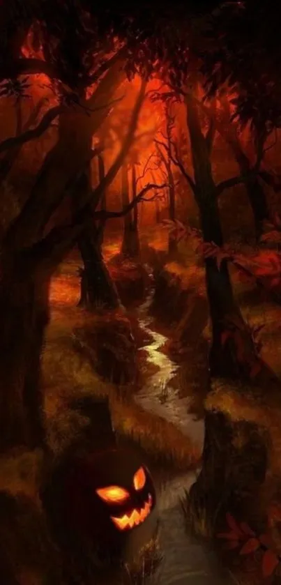 Spooky Halloween forest with glowing pumpkin in dark woods.