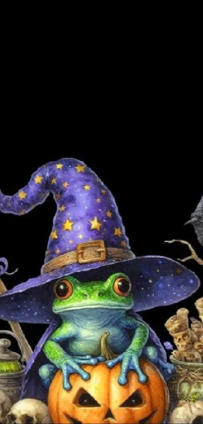 Frog in a wizard hat with Halloween pumpkin.