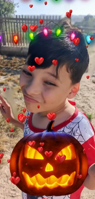 Joyful child with Halloween decor, pumpkin, and colorful hearts.