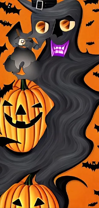 Halloween wallpaper with ghost and pumpkins on orange background.