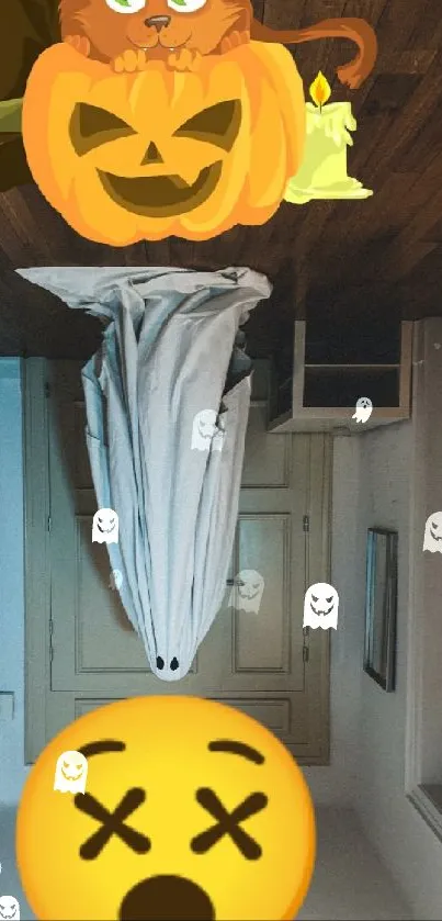 Spooky Halloween wallpaper with ghost, cat, pumpkin, and emoji in a room.