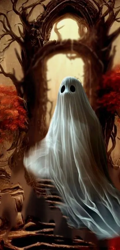 Ghostly figure in mystical forest wallpaper with Halloween theme.