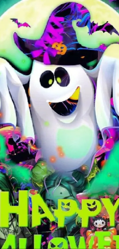 Cartoon ghost in Halloween theme with colorful background.